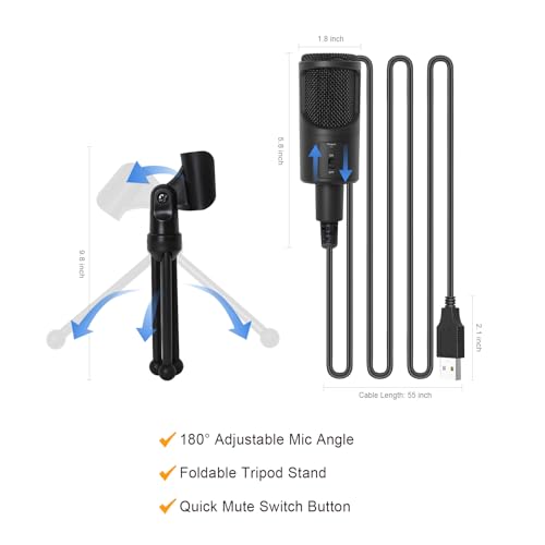 PC USB Microphone, Podcast Condenser Mic with Foldable Tripod Mute Switch for Streaming, Gaming, Podcasting, Recording, Chatting, Twitch, YouTube, on Computer, Laptop, PS4/5 Plug & Play