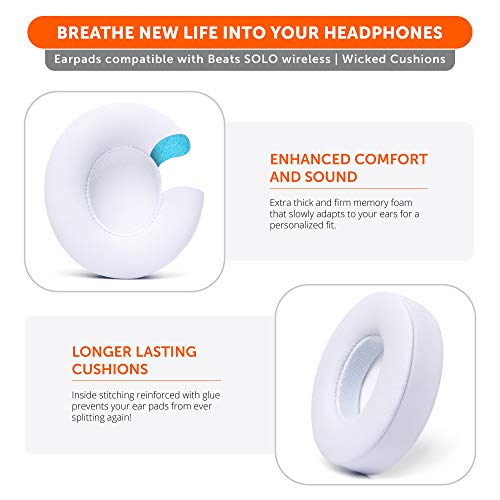 WC PadZ Solo 2 & 3 - Replacement Earpads for Beats Solo Wireless Headphones | Made by Wicked Cushions | Soft Leather, Luxury Memory Foam, Strong Adhesive (Does Not Fit Beats Solo 4) | White - color: White