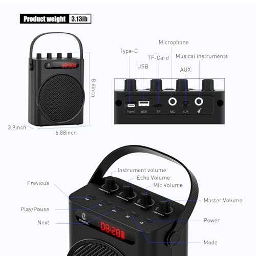 ZOWEETEK 60W Voice Amplifier with 2 Wireless Microphones | PA System, Karaoke Machine, Portable Speaker, Support TF/USB/Aux/Guitar, Rechargeable, for Speech/Class/Karaoke