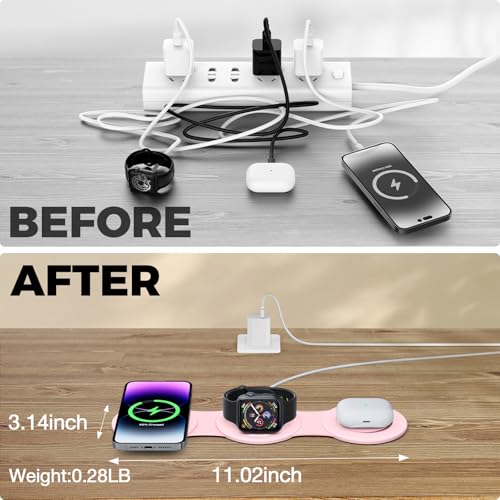 HICOBER 3-in-1 Wireless Charging Station for iPhone, Watch, AirPods, Pink | Charge 3 devices at once, foldable, case-friendly and ready for travel - color: Pink
