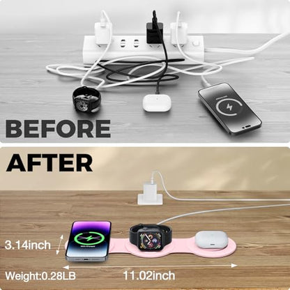 HICOBER 3-in-1 Wireless Charging Station for iPhone, Watch, AirPods, Pink | Charge 3 devices at once, foldable, case-friendly and ready for travel - color: Pink