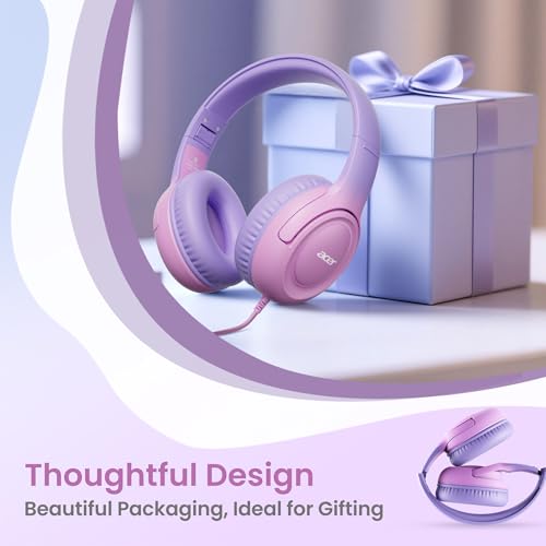 Acer Kids Headphones for School, 85-94dB Limiter, 3.5mm Jack, w/Mic HK03 | Foldable Wired Over Ear Headphones, for Toddler School/Travel/iPad/Tablet, Pink-Purple Gradient - color: Purple-Pink Gradient