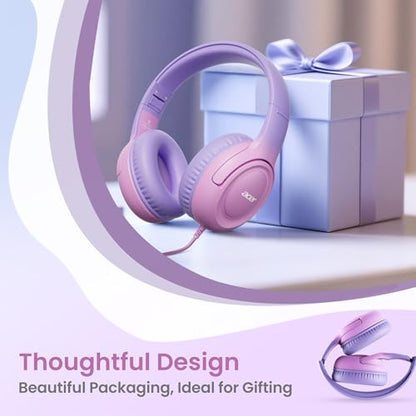 Acer Kids Headphones for School, 85-94dB Limiter, 3.5mm Jack, w/Mic HK03 | Foldable Wired Over Ear Headphones, for Toddler School/Travel/iPad/Tablet, Pink-Purple Gradient - color: Purple-Pink Gradient
