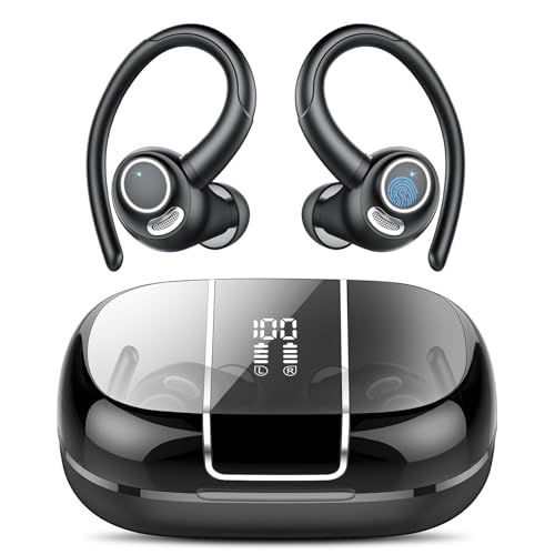 Wireless Sports Earbuds with Secure Earhook, 48H Deep Bass/ENC Mic Ear Buds | Wireless Earphone with LED Display, Bluetooth 5.3 Headphones In Ear, IPX7 Waterproof Over Ear Buds for Running/Workout - color: Black