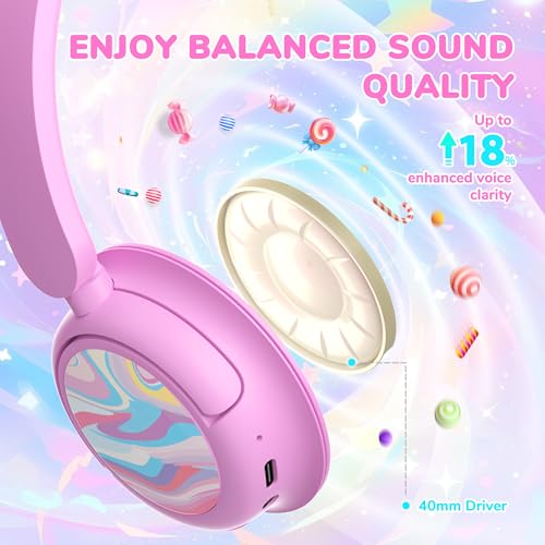 iClever BTH22 Kids Bluetooth Headphones for Toddler Travel, 60H Play Time | SafeSound Tech3.0, Stereo Sound, USB C Fast Charging, AUX Cable, Kids Wireless Headphones for Girls/Boys/Tablet/PC/School - color: Pink-Stripe