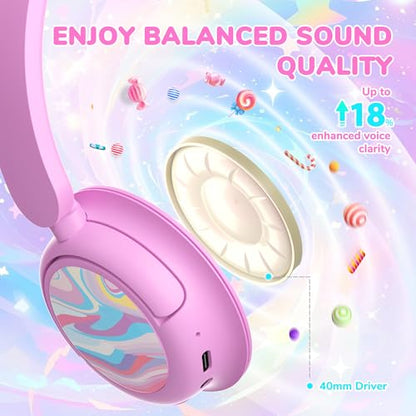 iClever BTH22 Kids Bluetooth Headphones for Toddler Travel, 60H Play Time | SafeSound Tech3.0, Stereo Sound, USB C Fast Charging, AUX Cable, Kids Wireless Headphones for Girls/Boys/Tablet/PC/School - color: Pink-Stripe