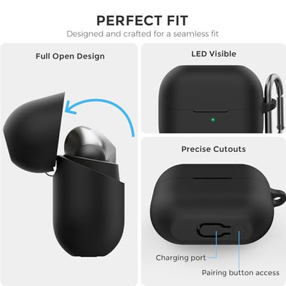 AhaStyle Silicone Case for Samsung Galaxy Buds 3 FE/Galaxy Buds3 Pro/Buds 3 | Front LED Visible, Carabiner Included, Supports Wireless Charging, Shock Resistant, Full Protection - color: Black