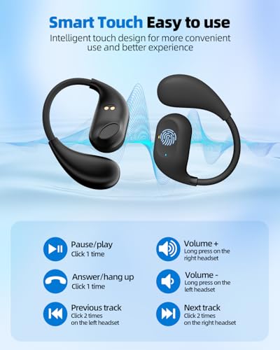 Open Ear Headphones, Wireless Bluetooth Headphones 5.3 Sports with Adjustable Ear Hooks, Touch Control Earphones, LED Display Charging Case and 50H Playtime for Men and Women
