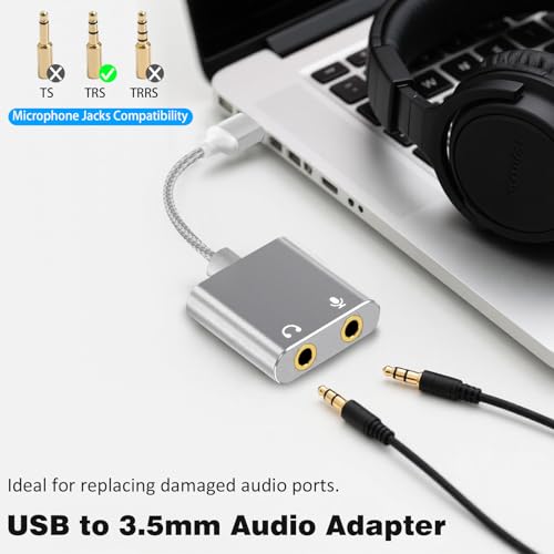USB to 3.5mm Audio Adapter, External Sound Card with Headphone, Microphone Jack for Windows, Mac, Linux, PS4, PS5(Silvery) - color: Silvery