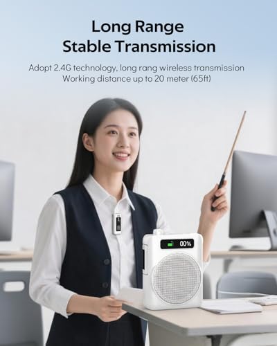 Voice Amplifier for Teachers with 2 Lavalier Wireless Microphones | Clip On Microphone with Speaker, Wireless Voice Amplifier Bluetooth Speaker and Microphone Set for Yoga Tour Guides Coaches - color: White