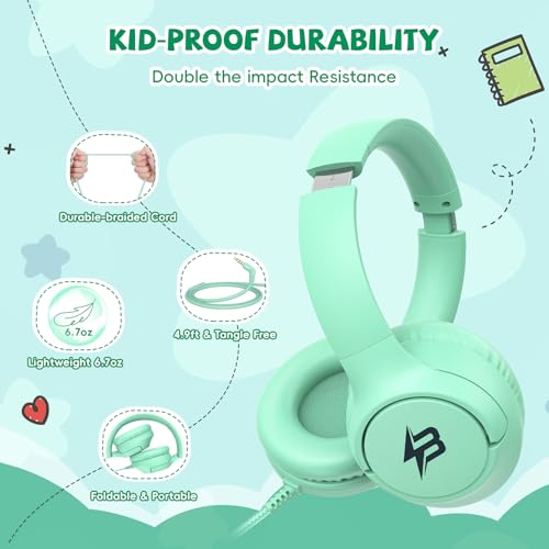 Botesty Sound Kids Headphones with Cord, 3.5mm 85/94dB Volume Limit, Green - color: Green