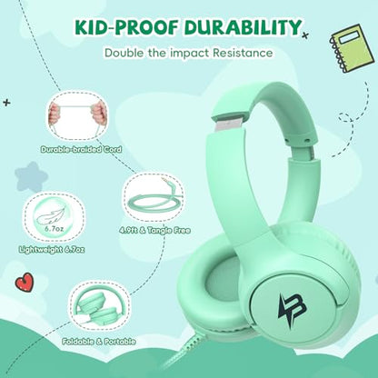 Botesty Sound Kids Headphones with Cord, 3.5mm 85/94dB Volume Limit, Green - color: Green