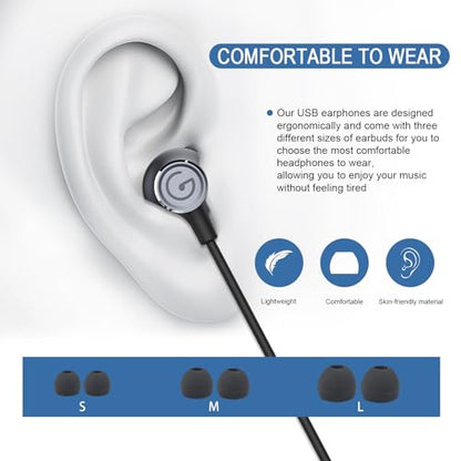 GEVO USB Earbuds with Microphone for PC Laptop, Wired USB Computer in-Ear Headphone 2M/6.6FT Wired Earphones with Volume Controls & Mute Fuction Noise Cancelling Mic for Office Live Gaming Headset