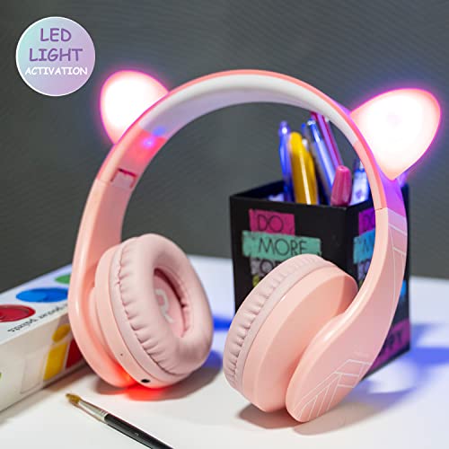 PowerLocus Bluetooth Headphones for Kids, Wireless Foldable Headphones Over Ear, Headphone with Microphone, 85DB Volume Limit, Wireless and Wired Headset with Micro SD, FM for Cellphones, Tablets, PC - color: Pink Cat Ears