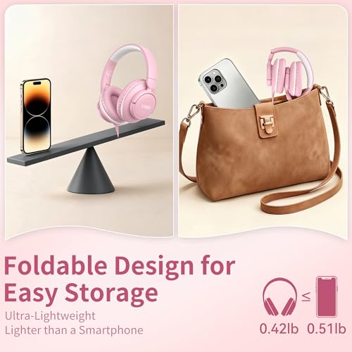 Wired Headphones with Microphone, Over Ear Lightweight Foldable 3.5mm Plug in Corded Headphones Wired with Volume Control, 4.9ft Tangle-Free Cord for Tablet Laptop MP3/4 School Travel Pink | Wired Over Ear Foldable Corded Headphones for Teens Classroom Tr