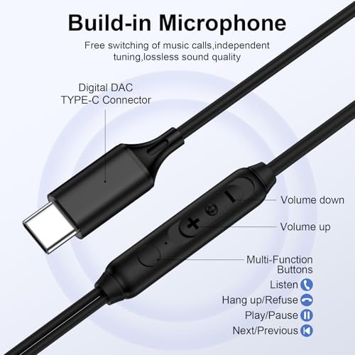 Samsung Earbuds Wired Headphones USB C for Samsung Galaxy S26 Ultra A37 A57 S25 Ultra S25FE A36 A17 A16 A56 S24 S23,Wired Earphones USBC Earbuds with Microphone for iPhone 17 Pro Max Air 16e 16Plus 15 - color: Black