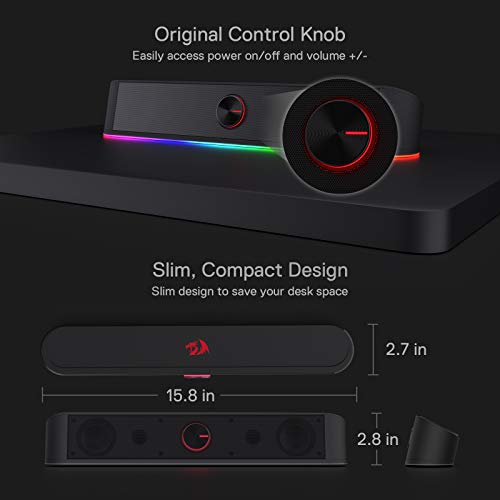 Redragon GS560 RGB Desktop Soundbar, 2.0 Channel Computer Speaker with Dynamic Lighting Bar Audio-Light Sync/Display, Touch-Control Backlit with Volume Knob, USB Powered w/ 3.5mm Cable, Black | 2.0 Stereo Enhanced Auido Quality, Touch-Control Backlit, Vol