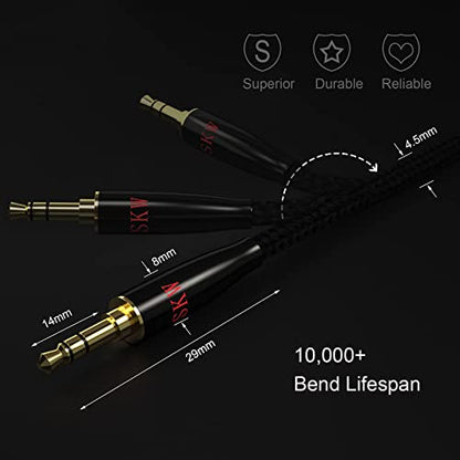 SKW Audiophile 3.5mm Right-Angle Stereo Aux Cable 1/8" TRS 9.8ft/3m | Dual-shielded, gold-plated contacts, nylon-braided jacket, sturdy and durable, Hi-Fi stereo fidelity, 90 degrees - color: Black-straight to bend, size: 9.8ft (3m)
