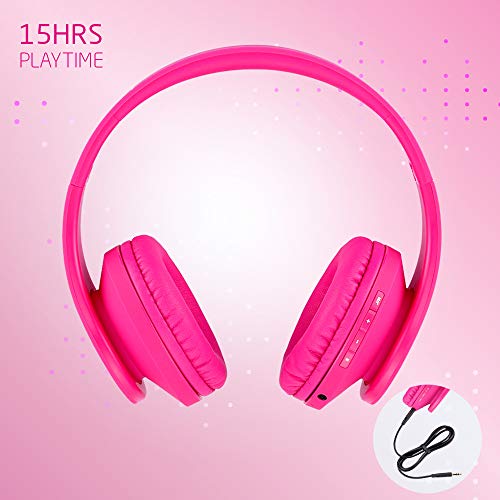 PowerLocus Kids Headphones Over-Ear, Bluetooth Wireless Headphones for Kids,with Microphone, Safe 85DB Volume Limited, Foldable with Carry Case, Audio Cable, Micro SD mode for Online Classes,PC,Phones - color: Pink