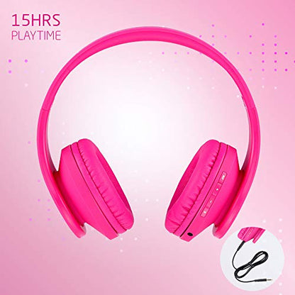 PowerLocus Kids Headphones Over-Ear, Bluetooth Wireless Headphones for Kids,with Microphone, Safe 85DB Volume Limited, Foldable with Carry Case, Audio Cable, Micro SD mode for Online Classes,PC,Phones - color: Pink
