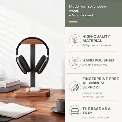 muso wood Walnut Headphone Stand, Wood Headset Stand with Storage Base | Desk Holder for Gaming & Office, Compatible with AirPods Max, Bose, Razer Headsets - color: walnut wood