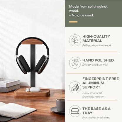 muso wood Walnut Headphone Stand, Wood Headset Stand with Storage Base | Desk Holder for Gaming & Office, Compatible with AirPods Max, Bose, Razer Headsets - color: walnut wood