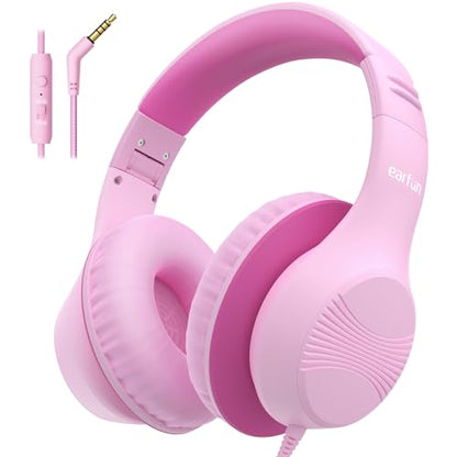 EarFun K3 Kids Headphones, Over Ear Headphones with Microphones, 85/94dB Safe Volume Limit, HD Stereo Sound, 3.5mm Jack, Foldable Wired Headphones for School/Travel/Boys/Girls/Tablet/iPad, Pink | Built-in Mic, 85/94dB Volume Limit, HD Stereo Sound, 3.5mm