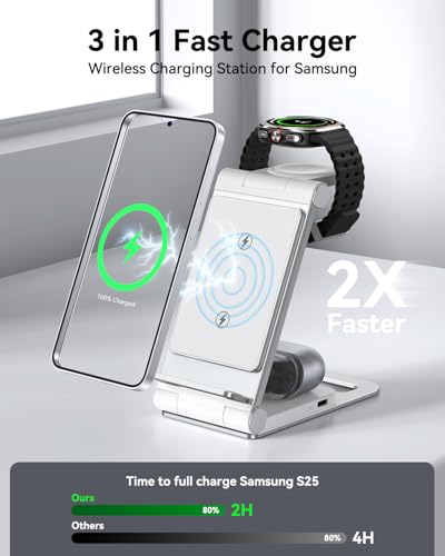 Wireless Charger for Samsung, 3 in 1 Wireless Charging Station Foldable | Stand for Galaxy S26 S25 Ultra Plus FE S24 S23 S22 S21 S20 Z Flip/Z Fold/Note Series, Galaxy Watch 9/8/7/6/5/4/3, Galaxy Buds - color: White Grey
