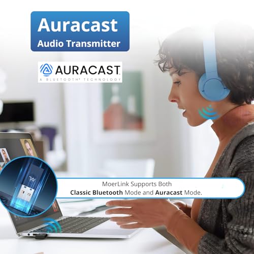 MoerLink Bluetooth 5.3 Auracast Audio Transmitter – USB Plug-and-Play Adapter for TV, PC, Speakers, and Auracast-Compatible Hearing Aids – Low Latency, Multi-Device Broadcast, LE Audio Support