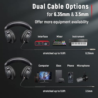 FIFINE HD8 Wired Studio Monitor Headphone, Detachable 3.5mm/6.35mm Cables | Podcast Headphones with 50mm Drivers, Closed-back, 50mm Drivers, Passive Noise Canceling, Lightweight, for PC/Mixer/Amplifier - color: Black