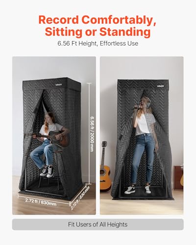 VEVOR Portable Vocal Booth 6.56 ft Height Echo-Free Recording Studio Booth | Thickened Soundproofing, Home Studio/Sound Isolation, with Travel Bag, Mobile Tablet Stand, for Vocals, Podcasts, Voiceovers - size: Vocal Booth