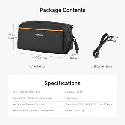 NEEWER Tech Pouch, Splashproof Tech Organizer Storage Case Travel Carry Bag with Multi Compartments Shoulder Strap for Electronics Photography Accessories SD Card Battery Cable Cord Charger, PB024 - style: Pb024