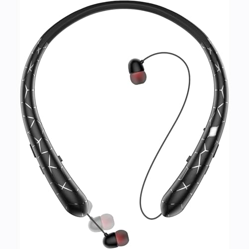 Retractable Neckband Bluetooth Headphones, No-Tangle Wireless Earbuds with 14Hrs Playtime, IPX5 Rating, CVC Noise Cancellation Mic for Crystal Clear Calls, Ideal for Running, Gym, Exercise