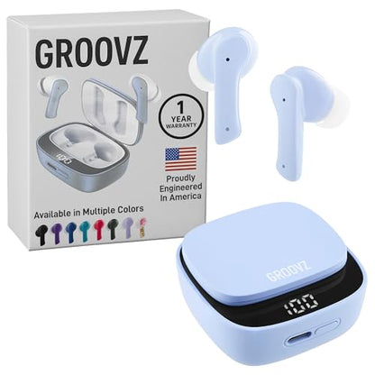 Groovz True Wireless Earbuds with Charging Case - Designed and Engineered in The USA - IPx4 Water Resistant Bluetooth Earbuds Compatible with Apple and Android - 27Hrs Battery Life - Light Blue - color: Light Blue