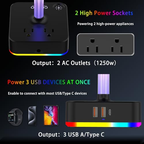 RGB Headphone Stand with Charger 3 USB Ports and 2 AC Outlets,2 USB-A 1 Type C,Desk Gaming Headset Holder with 9 Light Modes,PC Gaming Desk Accessories,Gamer Gifts,RGB Gaming Stuff Headset Stand | 9 Light Modes:7 Static & 3 RGB Dynamic Lights; 2 AC,2 USB-