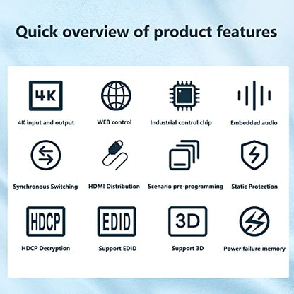 ICUIXIAN 4K 8x8 HDMI Matrix Switch 4K@30Hz Web GUI+LAN Port+Rs232 Control | Rackmount HDMI Matrix 8x8, HDCP, EDID, 3D, APP, Backlit Button,Screen display, 3.5mm Audio (8 Input 8 Output Matrix Splitter)
