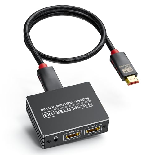 BolAAzuL HDMI 2.1 Splitter 1 in 2 Out 4K 120Hz w/ 8K HDMI Cable & Power | 8K 60Hz HDMI Y Splitter 1x2 with Audio Out for Dual Monitors Duplicate, HDCP 2.3 HDR 48Gbps VRR ALLM, for PS5/Xbox/PC/TV