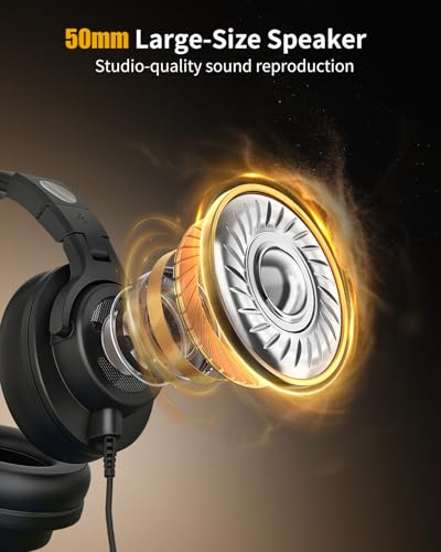 Wired Over Ear Headphones, DJ & Studio Monitor Headphones with 50mm Driver, Stereo Headsets with 1/4 and 3.5mm Jack for Recording Mixing Podcast Keyboard Guitar Laptop - Black