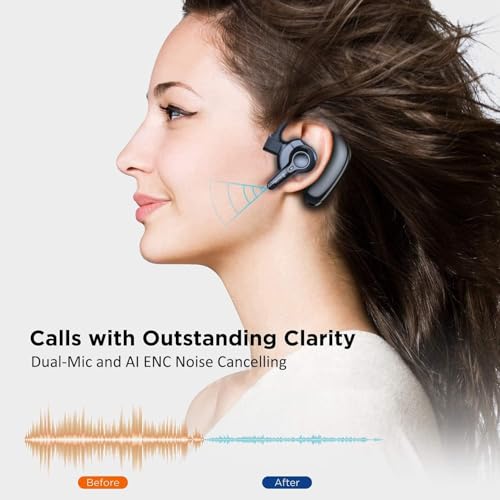 emotal Dual-Mic AI Noise Cancelling Bluetooth Headset for Cell Phones | 10 Days Standby, 30Hrs HD Talktime Bluetooth Earpiece, IPX6 Waterproof, Ultralight for Driving/Truckers/Business