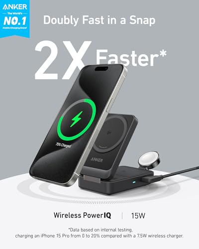 Anker MagGo 3-in-1 MagSafe-Compatible Qi2 15W Foldable Charging Station | Qi2-Certified Wireless Charging Stand for iPhone 17 - 12 Series, AirPods, Apple Watch Ultra(Non-Battery, Adapter Included) - color: Black