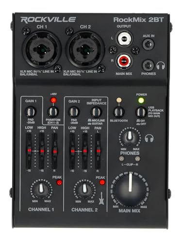 Rockville RockMix 2BT 2-Channel USB Interface Mixer with Bluetooth, Podcast | XLR/TRS Inputs, +48V Phantom Power, 2-Band EQ, RCA Outputs, Headphone Out, USB Bus Powered, Mac/PC, Bluetooth 5.0