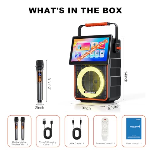 Portable Karaoke Machine with 10.1” Rotatable HD Screen, Wireless Screen Mirroring for iOS & Android, Bluetooth Speaker with Lyrics Display, PA System with 2 Wireless Microphones & LED Lights for Home - size: A119