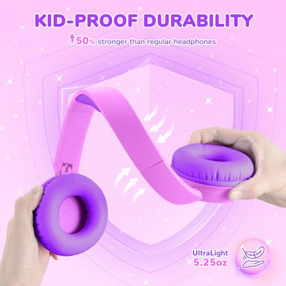 iClever BTH22 Kids Bluetooth Headphones for Toddler Travel, 60H Play Time | SafeSound Tech3.0, Stereo Sound, USB C Fast Charging, AUX Cable, Kids Wireless Headphones for Girls/Boys/Tablet/PC/School - color: Magenta