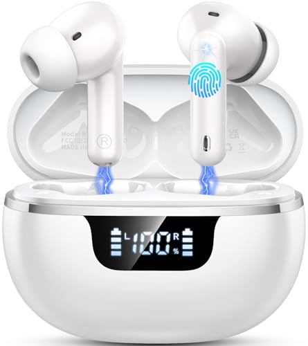 Wireless Earbuds, Bluetooth 5.4 Headphones, Bluetooth In Ear Buds Earphones | 50H Playtime LED, Stereo Bass, 4 Noise Cancelling Mics, IP7 Waterproof Sports, USB C Charging White Ear Buds for Android iOS - color: Purle White