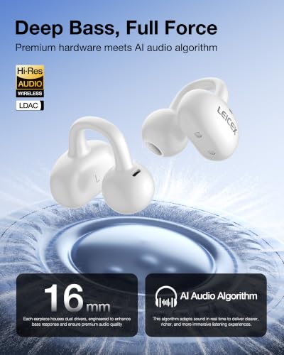 LEICEX Open Ear Clip-On Earbuds, Lightweight Portable Wireless Headphones, Comfortable Wear with 40H Long Playtime(White)