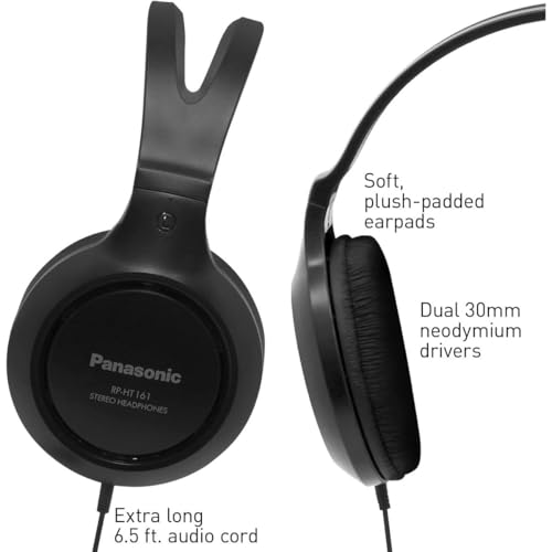 Panasonic Headphones, Lightweight Over The Ear Wired Headphones with Clear, Sound and XBS for Extra Bass, Long Cord, 3.5mm Jack for Phones and Laptops – RP-HT161-K (Black) - size: 4.1 x 7.2 x 7.6 inches (Pack of 1), style: Over Ear - No Mic
