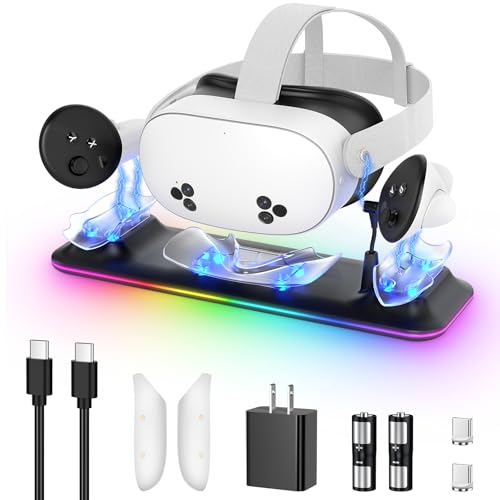 18W VR Charging Dock for Meta Quest 3S/Quest 3 Headset & Controller | Fast Magnetic VR Charging Station Stand for Oculus 3S/3 Accessories, RGB Light, 2 Rechargeable Batteries & Controller Covers - color: Black
