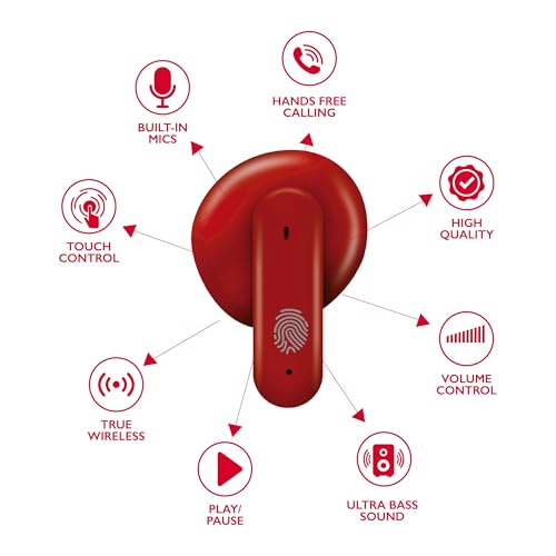 RCA Wave-78 True Wireless Earbuds, Bluetooth 5.2 Headphones with Microphone, Charging Case, 20H Playtime, Hi-Res Audio, Sweat Resistant, Compact in-Ear Design, Noise Cancelling, Red - color: Red