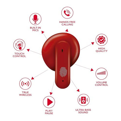 RCA Wave-78 True Wireless Earbuds, Bluetooth 5.2 Headphones with Microphone, Charging Case, 20H Playtime, Hi-Res Audio, Sweat Resistant, Compact in-Ear Design, Noise Cancelling, Red - color: Red