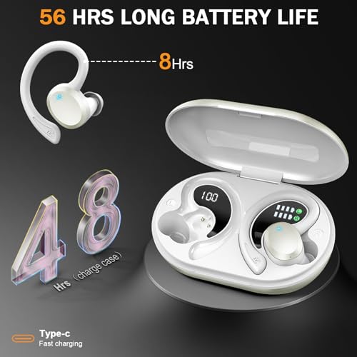 Wireless Earbuds, Sport Bluetooth 5.4 Headphones 2026 New Bluetooth Earbuds with 56Hrs Stereo, 4 ENC Mic, Noise Canceling Over-Ear Buds with Earhooks, IP7 Waterproof Earphones for Workout/Running/Gym - color: White